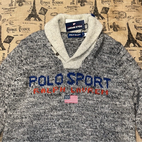 Polo Ralph Lauren NWT! Sport Usa Flag Wool Embroidered Grey Shawl Collar Sweater - Picture 6 of 14